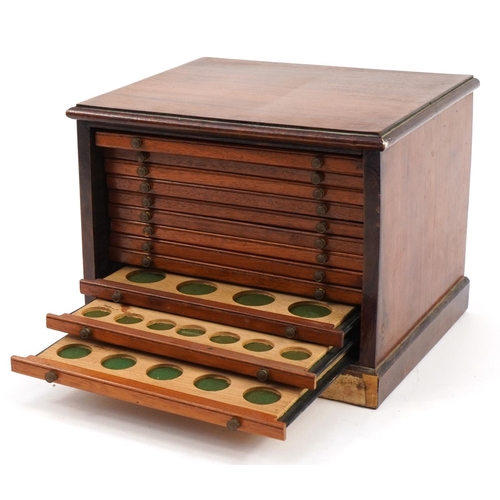 2472 - Mahogany twelve drawer coin collector's chest, 20cm H x 25.5cm W x 22cm D