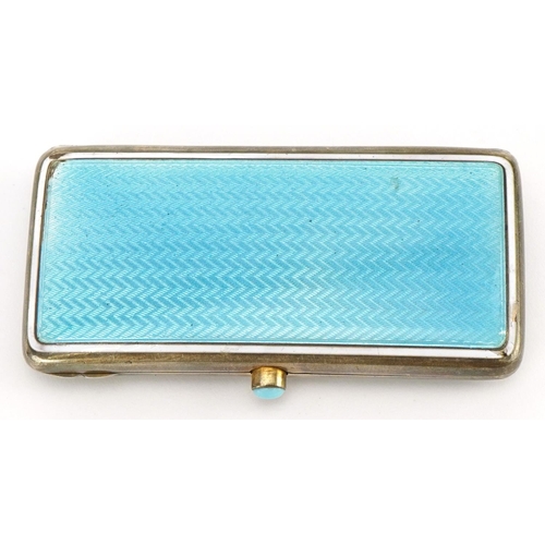 11 - Unmarked silver and blue guilloche  enamel ladies cigarette case with gilt interior, 7.5cm wide, 81.... 