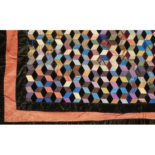 402 - Victorian tumbling block design patchwork quilt, 143cm x 132cm