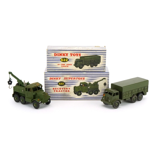 2027 - Two Dinky Toys diecast army trucks with boxes comprising 10 Ton Army Truck 622 and Recovery Tractor ... 