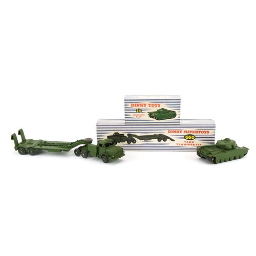 2026 - Two Dinky Toys diecast army vehicles with boxes comprising Tank Transporter 660 and Centurion Tank 6... 