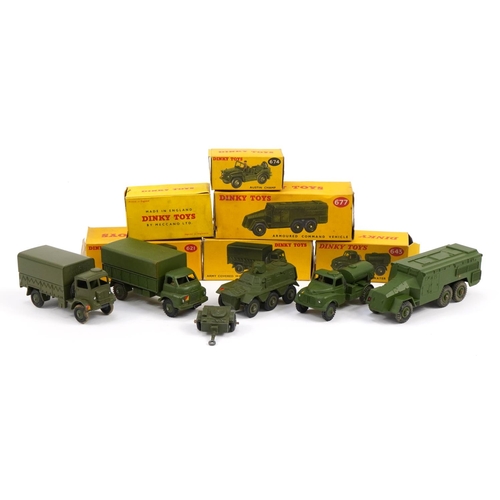 2029 - Six Dinky Toys diecast army vehicles with boxes comprising Armoured Command Vehicle 677, Army Water ... 