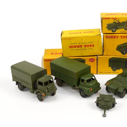 2029 - Six Dinky Toys diecast army vehicles with boxes comprising Armoured Command Vehicle 677, Army Water ... 