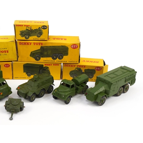 2029 - Six Dinky Toys diecast army vehicles with boxes comprising Armoured Command Vehicle 677, Army Water ... 