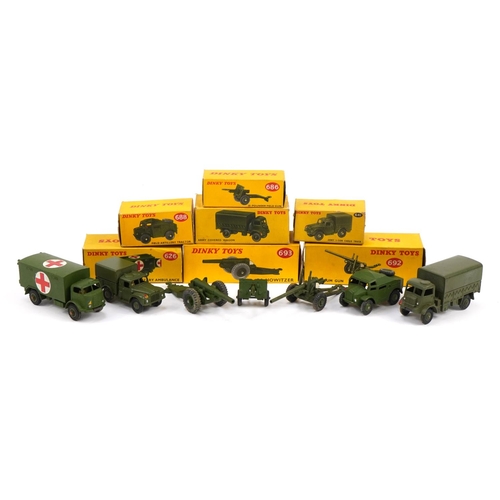 2030 - Seven Dinky Toys diecast army vehicles with boxes comprising Army 1-Ton Cargo Truck 741, 25-Pound Fi... 