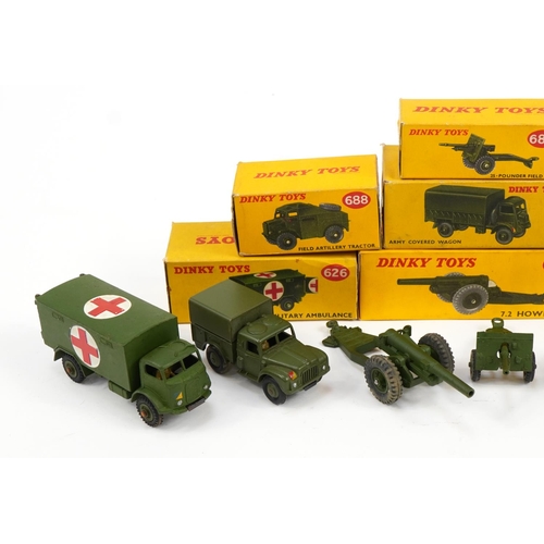 2030 - Seven Dinky Toys diecast army vehicles with boxes comprising Army 1-Ton Cargo Truck 741, 25-Pound Fi... 