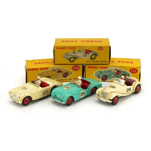 2021 - Three Dinky Toys diecast racing vehicles with boxes comprising MG Midget Sports 108, Austin Healey 1... 