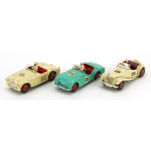 2021 - Three Dinky Toys diecast racing vehicles with boxes comprising MG Midget Sports 108, Austin Healey 1... 