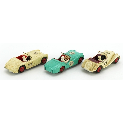 2021 - Three Dinky Toys diecast racing vehicles with boxes comprising MG Midget Sports 108, Austin Healey 1... 