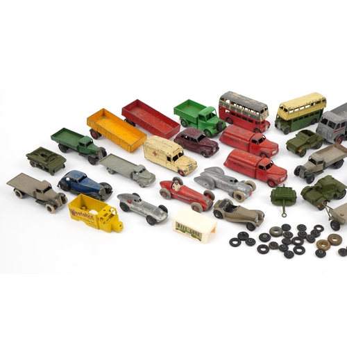 2039 - Vintage Dinky Toys diecast vehicles including racing cars, flat bed trucks and double decker buses