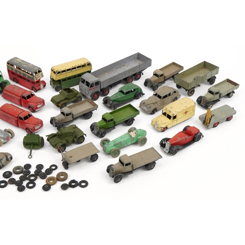 2039 - Vintage Dinky Toys diecast vehicles including racing cars, flat bed trucks and double decker buses