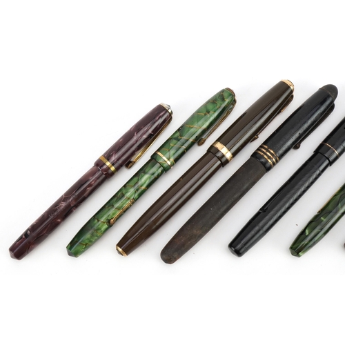 364 - Seven vintage fountain pens, four with gold nibs, including Parker Duofold, Rosemary brown ripple, S... 