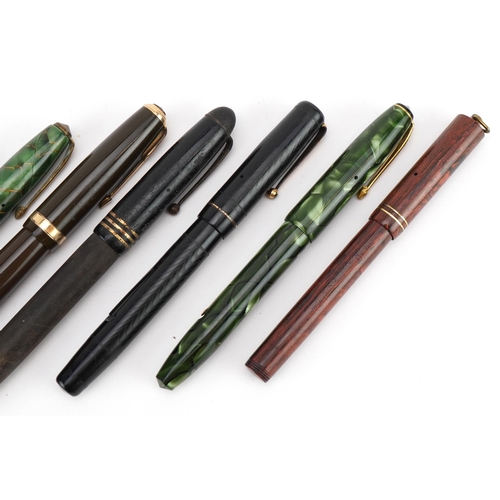 364 - Seven vintage fountain pens, four with gold nibs, including Parker Duofold, Rosemary brown ripple, S... 