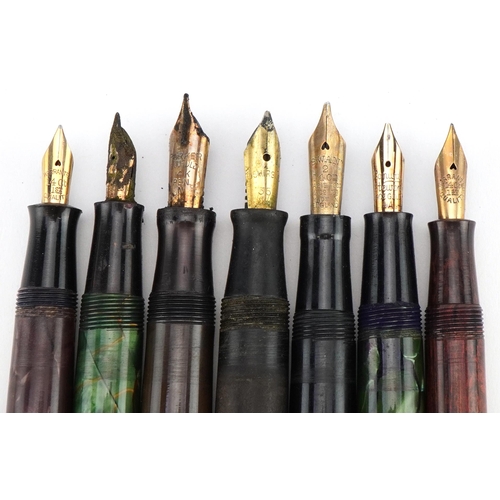 364 - Seven vintage fountain pens, four with gold nibs, including Parker Duofold, Rosemary brown ripple, S... 