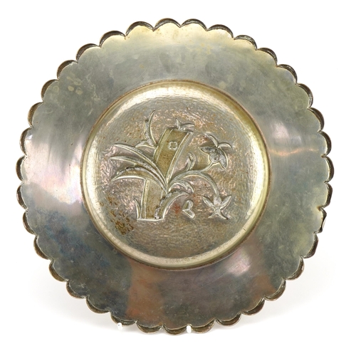 443 - Japanese white metal dish embossed with flowers, 28cm in diameter, 512g