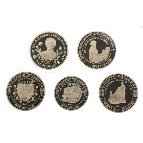 2425 - Five silver proof coins with certificates including 1995 Guernsey five pound commemorating Queen Eli... 