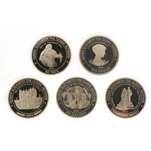 2427 - Five silver proof coins with certificates including 1994 Barbados five dollar commemorating Queen El... 