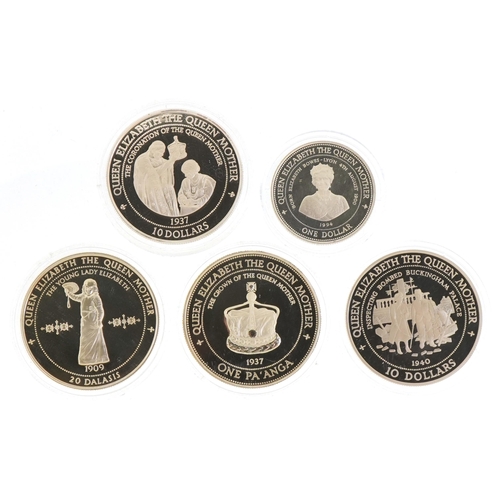 2428 - Five silver proof coins with certificates commemorating Queen Elizabeth The Queen Mother Lady of the... 