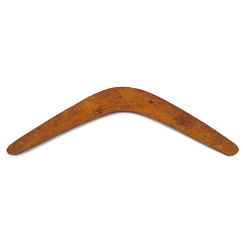 291 - Australian Aboriginal boomerang carved with kangaroo, ostrich and kookaburra, 57cm in length