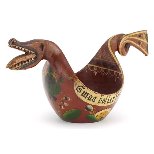 288 - Norwegian treen Kasa ale cup in the form of a dragon, hand painted with flowers, 23cm in length