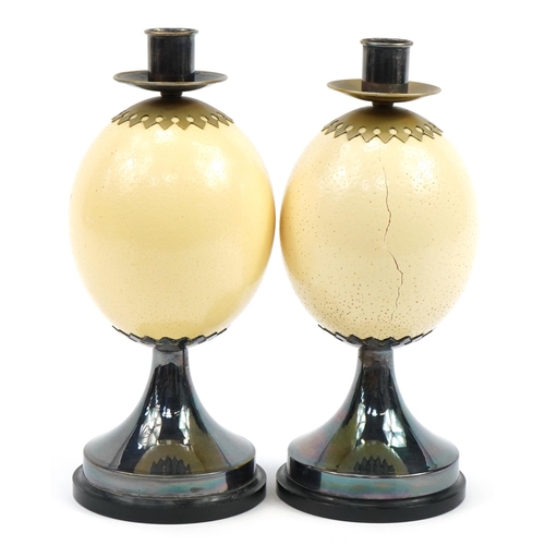 38 - Anthony Redmile, pair of 1970s ostrich egg candlesticks with silver plated mounts, impressed Redmile... 
