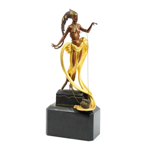 39 - Erte, cold painted bronze study of a semi nude Art Deco female raised on a rectangular black marble ... 