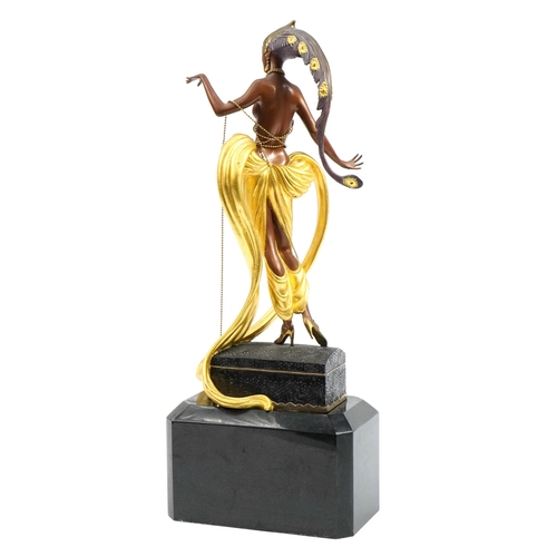 39 - Erte, cold painted bronze study of a semi nude Art Deco female raised on a rectangular black marble ... 