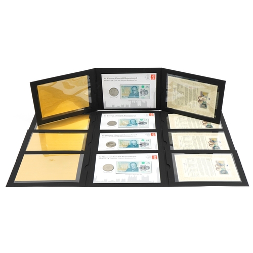 2439 - Four London Mint Office Sir Winston Churchill Remembered coin and five pound banknote sets