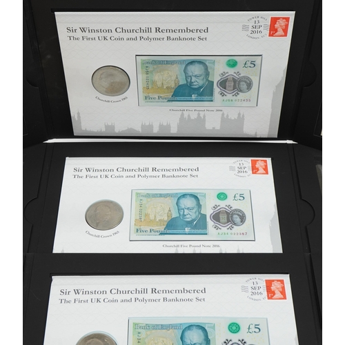 2439 - Four London Mint Office Sir Winston Churchill Remembered coin and five pound banknote sets