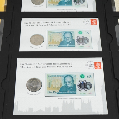 2439 - Four London Mint Office Sir Winston Churchill Remembered coin and five pound banknote sets