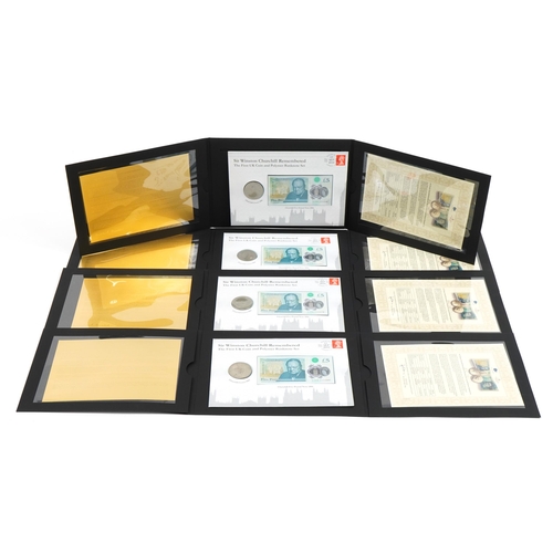 2440 - Four London Mint Office Sir Winston Churchill Remembered coin and five pound banknote sets