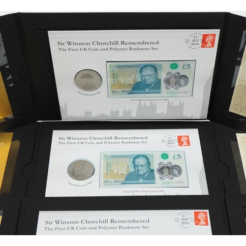 2440 - Four London Mint Office Sir Winston Churchill Remembered coin and five pound banknote sets