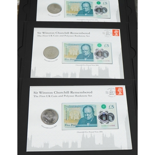 2440 - Four London Mint Office Sir Winston Churchill Remembered coin and five pound banknote sets