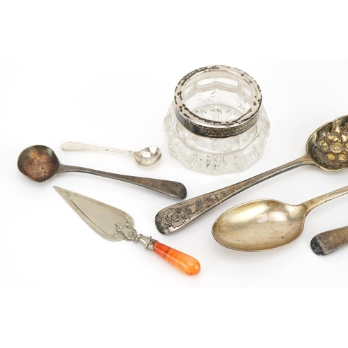 439 - Five Georgian and later silver spoons, glass salt with silver collar and white metal page marker wit... 