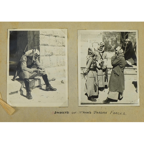 Early 20th century black and white photographs of Jerusalem housed in an olivewood album including soldiers of Trans Jordan Forces, River Yarkon, Jaffa, temple area Jerusalem, Nazareth, Garden of Gethsemane, Mosque of Omar and Sea of Galilee