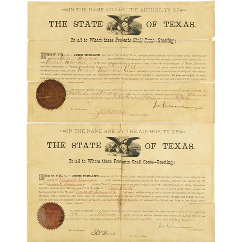 2279 - Two 19th century United States of America Texas documents, signed by The Governor Secretary of State... 