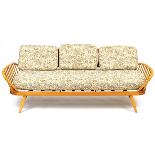 1002 - Lucian Ercolani for Ercol, mid century light elm 355 day bed with lift off cushions, 79cm H x 206cm ... 