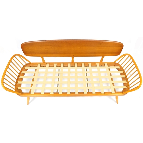 1002 - Lucian Ercolani for Ercol, mid century light elm 355 day bed with lift off cushions, 79cm H x 206cm ... 