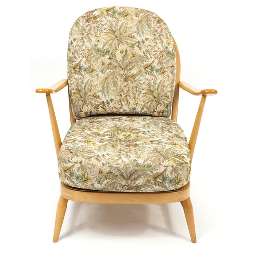 1008 - Ercol Windsor 203 light elm armchair with lift off cushions, 77cm H x 71cm W x 95cm D