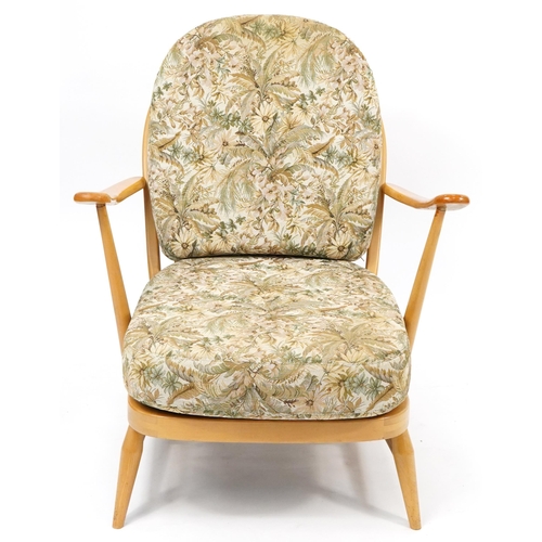 1007 - Ercol Windsor 203 light elm armchair with lift off cushions, 77cm H x 71cm W x 95cm D