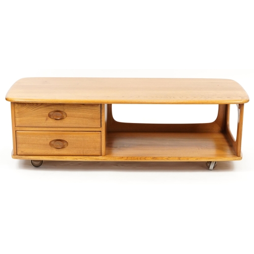 1004 - Ercol Minerva 844 light elm and beech coffee table with frieze drawer, 40.5cm H x 125cm W x 52.5cm D