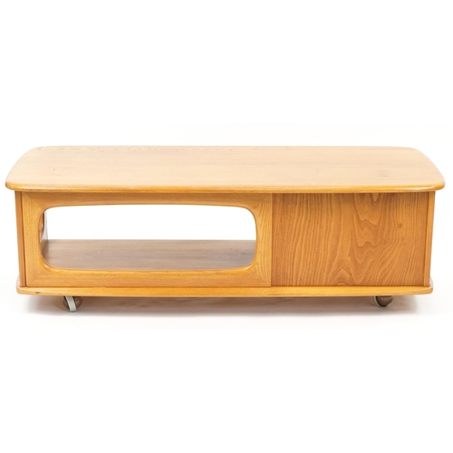 1004 - Ercol Minerva 844 light elm and beech coffee table with frieze drawer, 40.5cm H x 125cm W x 52.5cm D