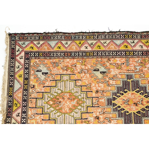 1112 - Rectangular Turkish rug with allover geometric and animal design, 200cm x 114cm