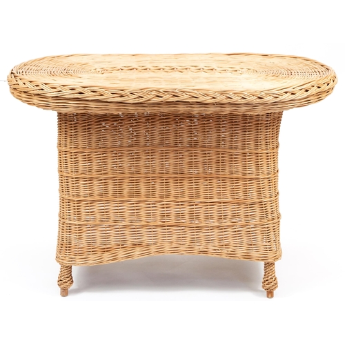 1097 - Wicked Wicker, wicker table and four chairs, the table 69cm H x 103cm W x 66cm D