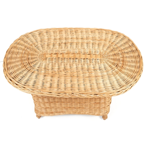 1097 - Wicked Wicker, wicker table and four chairs, the table 69cm H x 103cm W x 66cm D