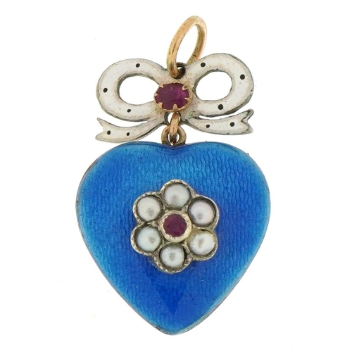 Unmarked gold and enamel bow love heart pendant set with rubies and pearls, 3.8cm high, 8.3g