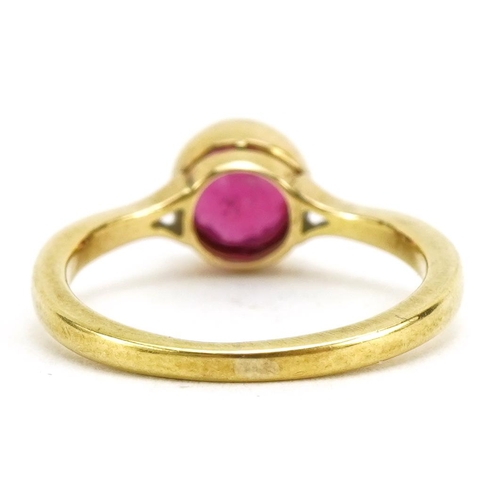 3017 - 18ct gold ruby solitaire ring, the ruby approximately 5.6mm in diameter, indistinct hallmarks, size ... 
