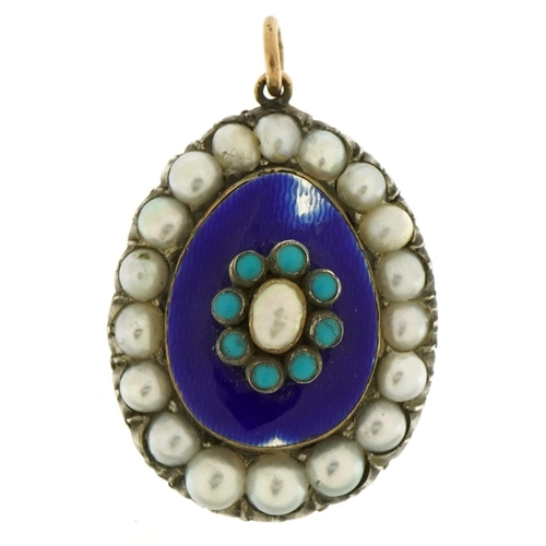 3024 - Antique unmarked gold blue enamel pendant set with turquoise and pearls, tests as 15ct+ gold, 3.9cm ... 