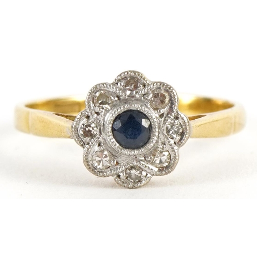 3025 - Art Deco 18ct gold and platinum sapphire and diamond flower head ring housed in a William Bruford & ... 