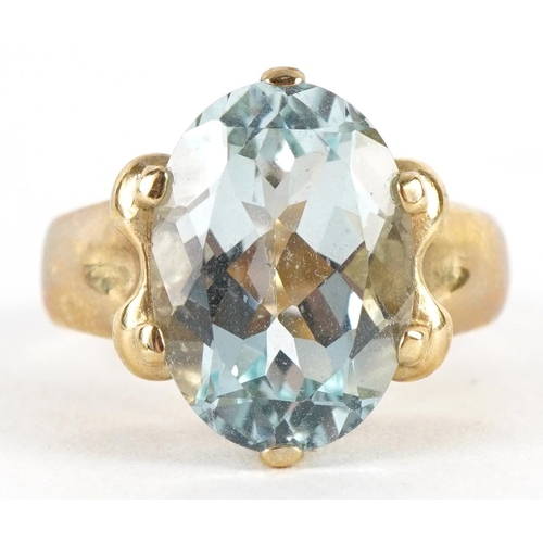 3028 - 9ct gold blue stone solitaire ring, possibly aquamarine, the blue stone approximately 13.4mm x 9.9mm... 